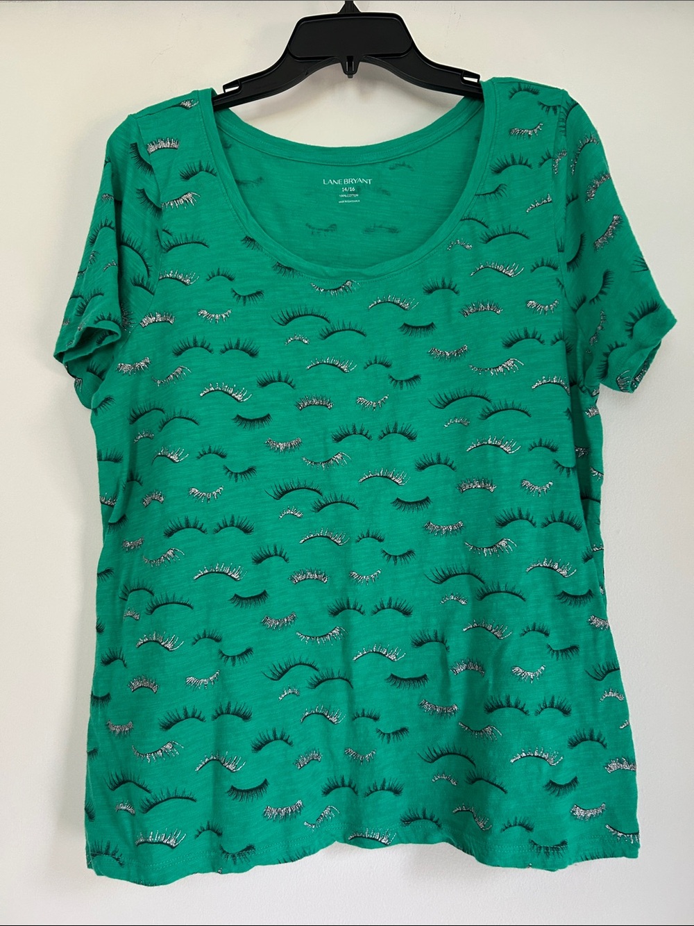 Lane Bryant Emerald Green Short Sleeve Tee with Eyelash Print and Silver Accent